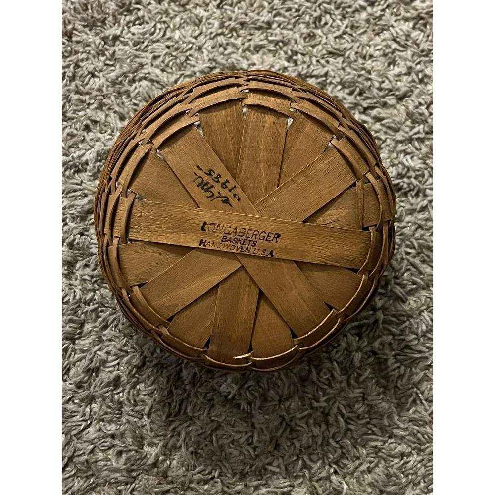 Longaberger Small Round Button Basket 6.75" x 3.25" Leather Handles Signed 1985 - Picture 3 of 3
